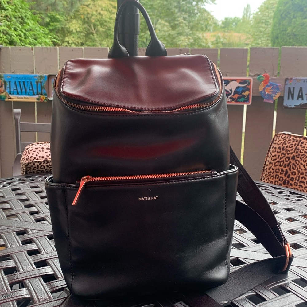 MATT & NAT black Vegan leather backpack with rose gold zippers and buckles!